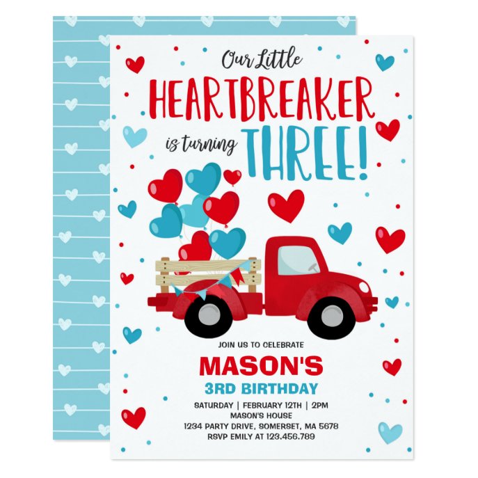Valentine Heartbreaker 3rd Birthday Red Blue Truck Invitation