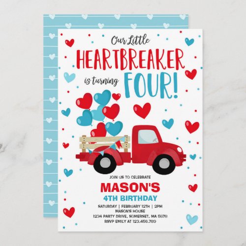 Valentine Heartbreaker 4th Birthday Red Blue Truck Invitation