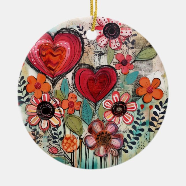 Valentine Hearts And Flowers Ceramic Ornament (Front)