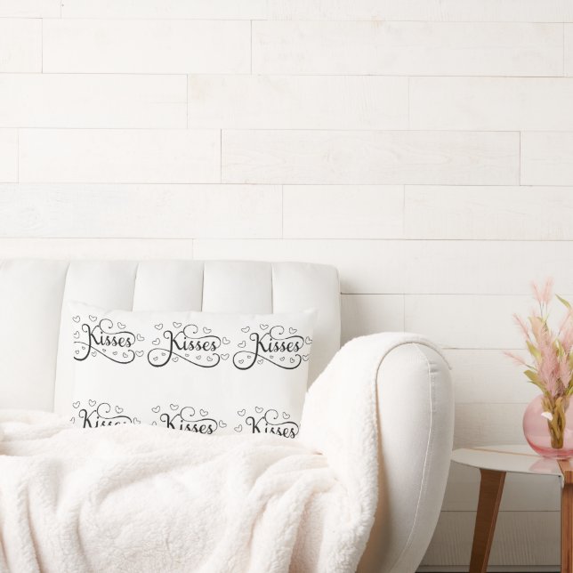 Valentine Hearts and Kisses Black on White Lumbar Pillow (Couch)
