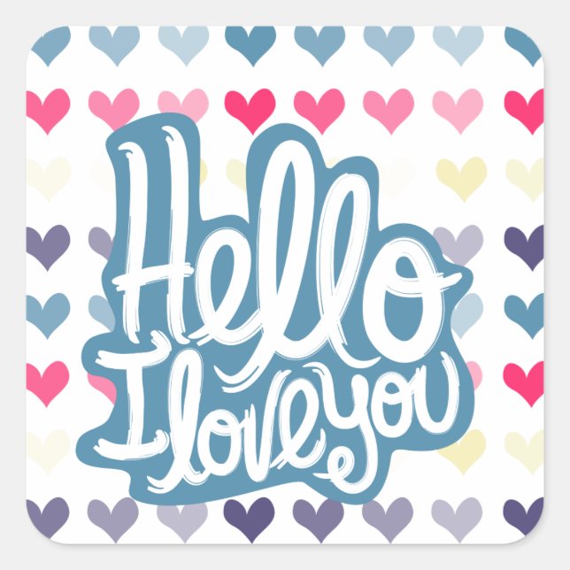 Valentine Hearts Blue Hello, I Love You Square Sticker (Front)