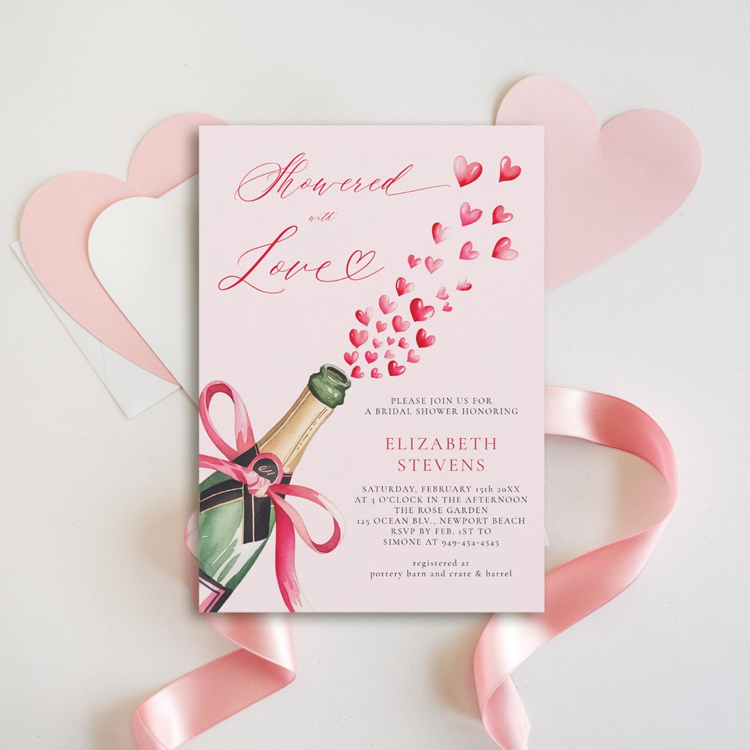 Valentine Hearts Bubbly Brunch Pink Bridal Shower                    Invitation