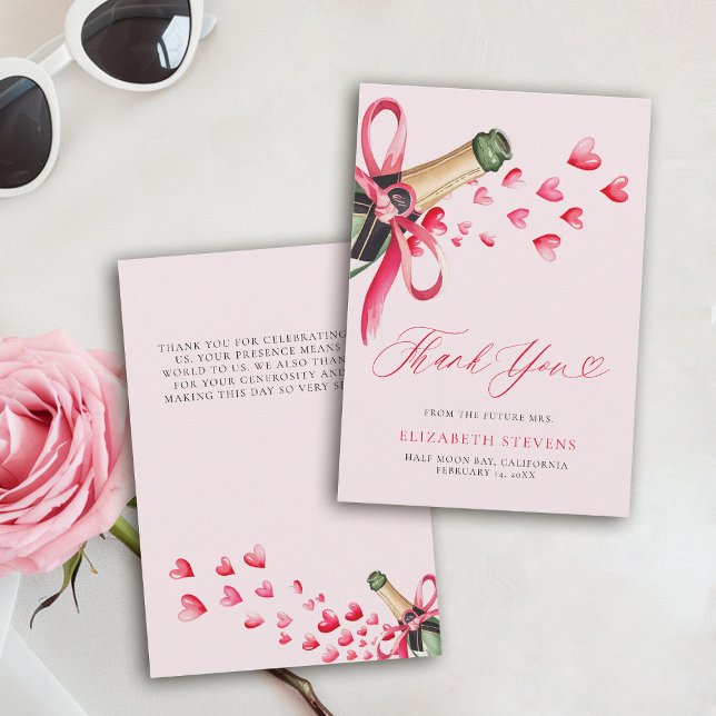 Valentine Hearts Bubbly Whimsical Bridal Shower Thank You Card (valentine bridal shower brunch thank you bubbly watercolor hearts showered with love garden party)