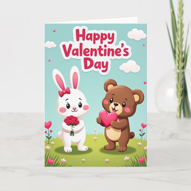 Valentine Hearts Bunny Bear Layered Card (Front)