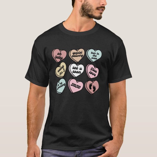 Valentine Hearts Candy Pregnancy Announcement Baby T-Shirt (Front)