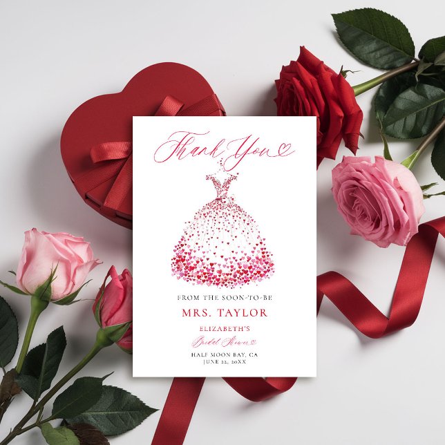 Valentine Hearts Dress Bow Bridal Shower Thank You Card (valentine bridal shower thank you card elegant dress red hearts bow calligraphy romantic elegant)