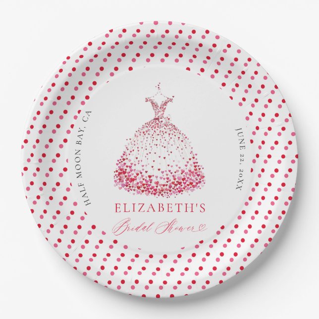 Valentine Hearts Dress Bow Elegant Bridal Shower Paper Plates (Front)