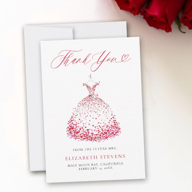 Valentine Hearts Dress Whimsical Art Bridal Shower Thank You Card (valentine bridal shower thank you brunch bubbly watercolor hearts dress showered with love garden)