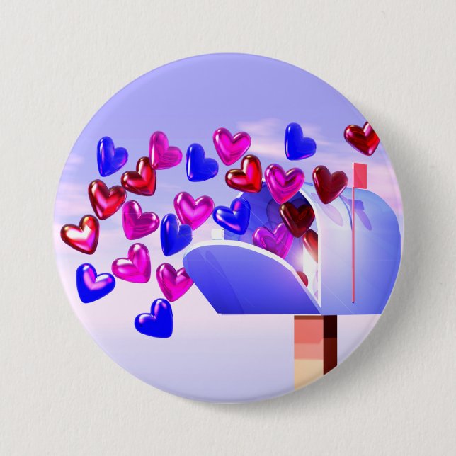Valentine Hearts Flying out of Mailbox Button (Front)