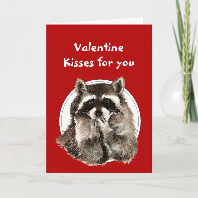 Valentine Hearts for Friend Raccoon Blowing Kisses Holiday Card (Front)