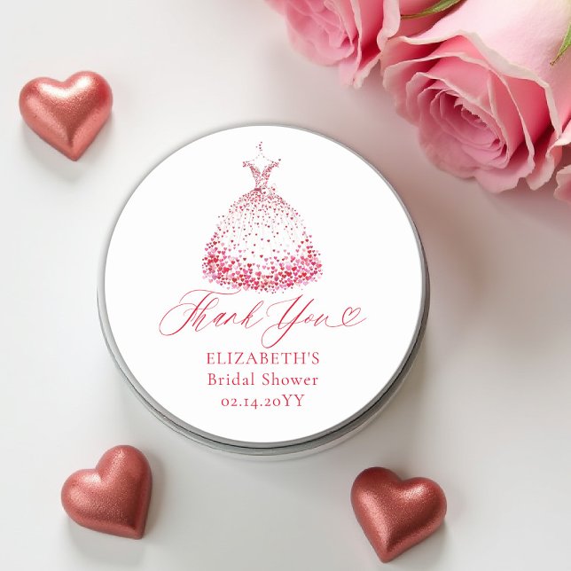 Valentine Hearts Love Garden Dress Bridal Shower Classic Round Sticker (valentine bridal shower sticker brunch bubbly watercolor hearts dress showered with love garden )