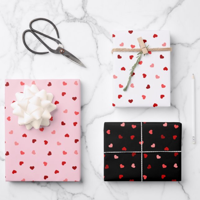 Valentine Hearts on Pink, White and Black Wrapping Paper Sheets (Front)