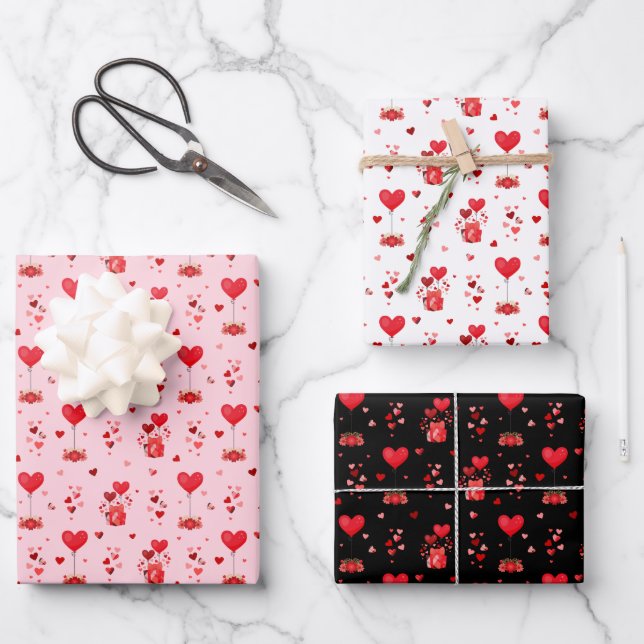 Valentine Hearts on Pink, White and Black Wrapping Paper Sheets (Front)