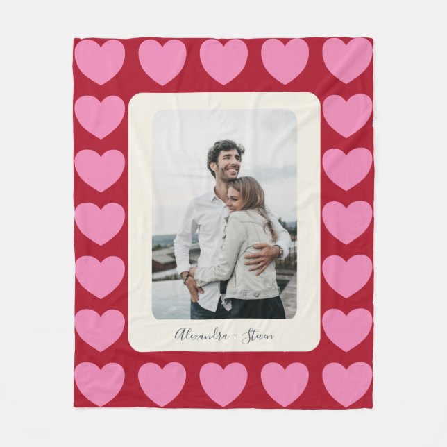 Valentine Hearts | Pink and Red Personalized Photo Fleece Blanket (Front)