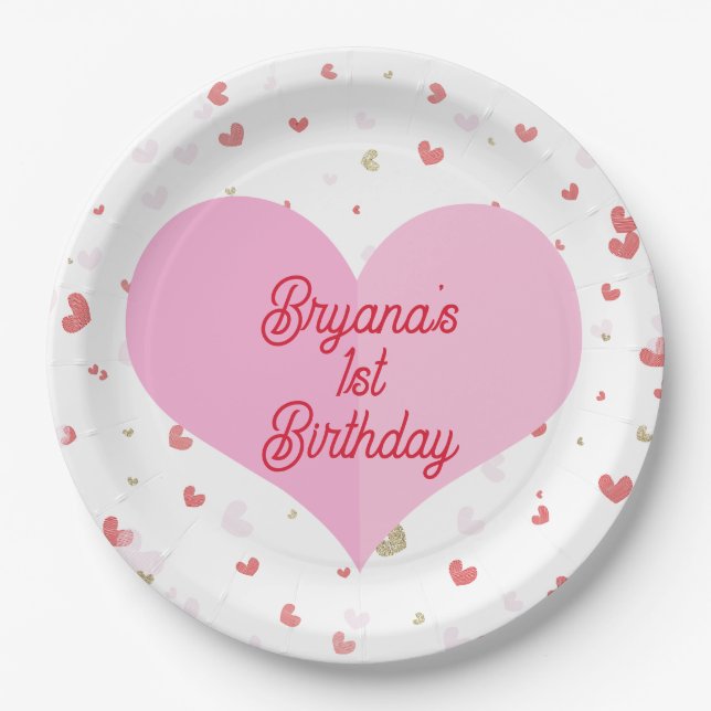 Valentine Hearts Pink Red & Gold Party Paper Plates (Front)