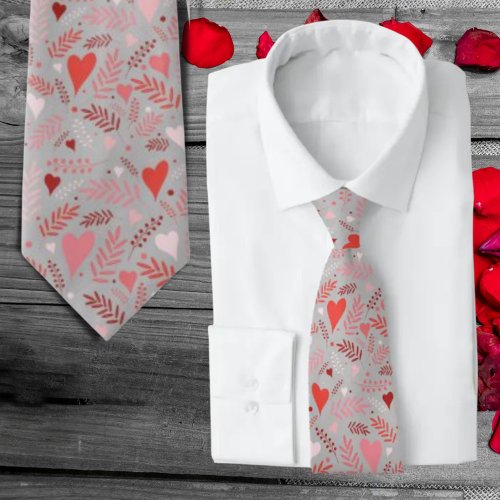 Valentine Hearts Pink Red Gray Stylish Pattern Neck Tie