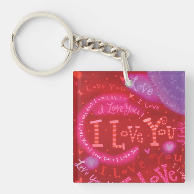 Valentine Hearts Pink Red I Love You Typography Keychain (Front)