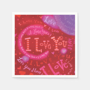 Valentine Hearts Pink Red I Love You Typography Napkins