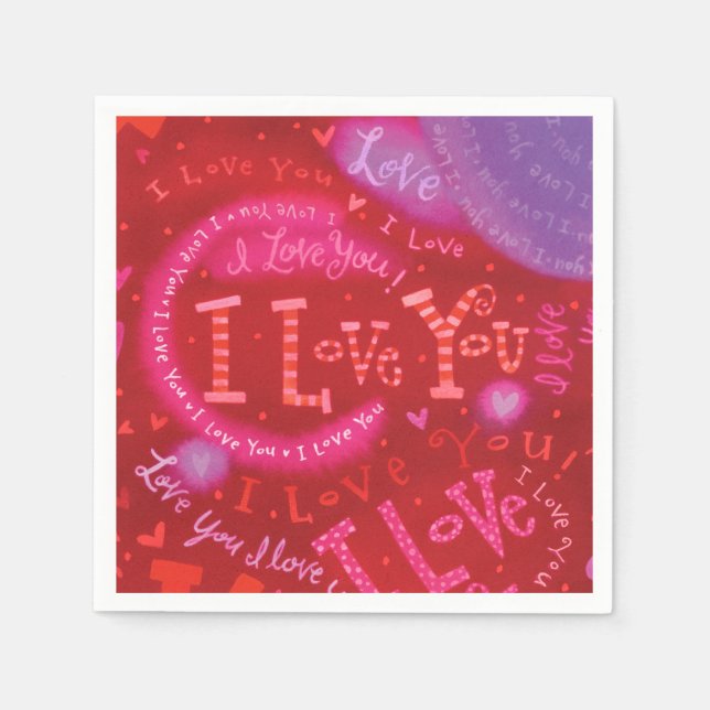 Valentine Hearts Pink Red I Love You Typography Napkins (Front)
