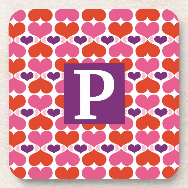 Valentine Hearts Quilt Monogram Drink Coaster (Front)