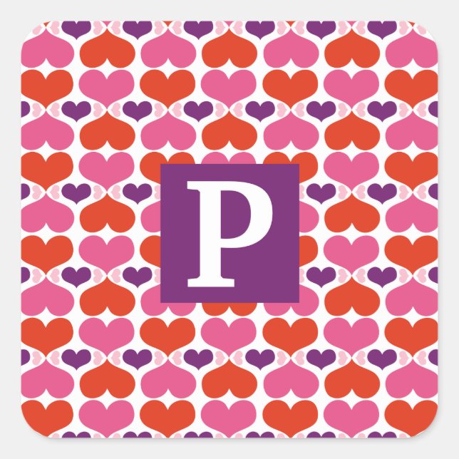 Valentine Hearts Quilt Monogram Square Sticker (Front)