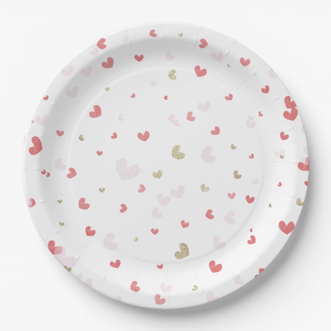 Valentine Hearts Red Pink & Gold Party Paper Plates (Front)
