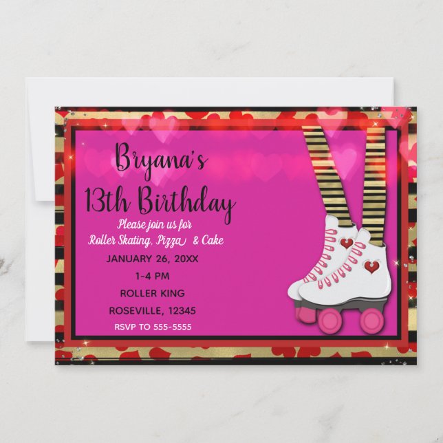 Valentine Hearts Roller Skating Birthday Party Invitation (Front)