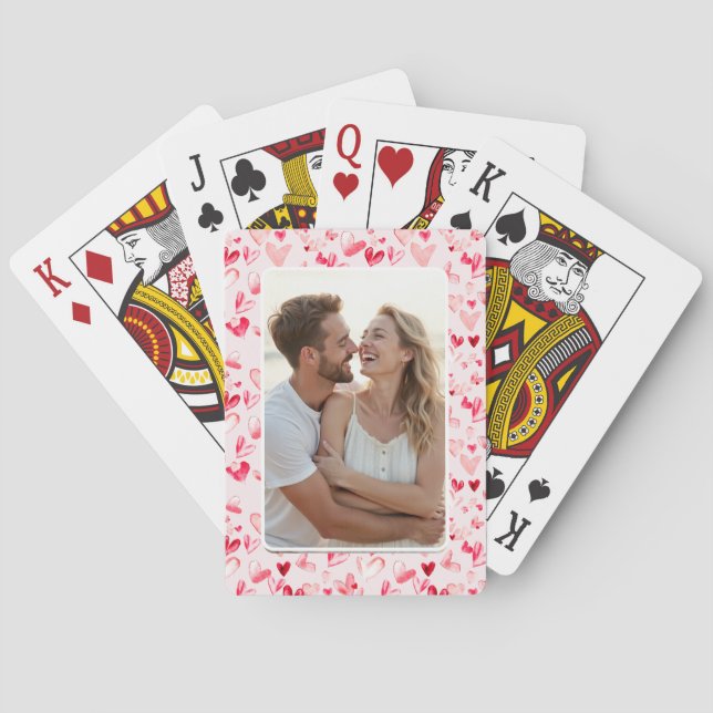 Valentine Hearts Whimsical Watercolor Pink Red  Poker Cards (Back)