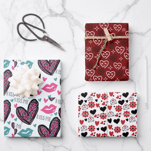 Valentine Hearts  Wrapping Paper Sheets (Front)