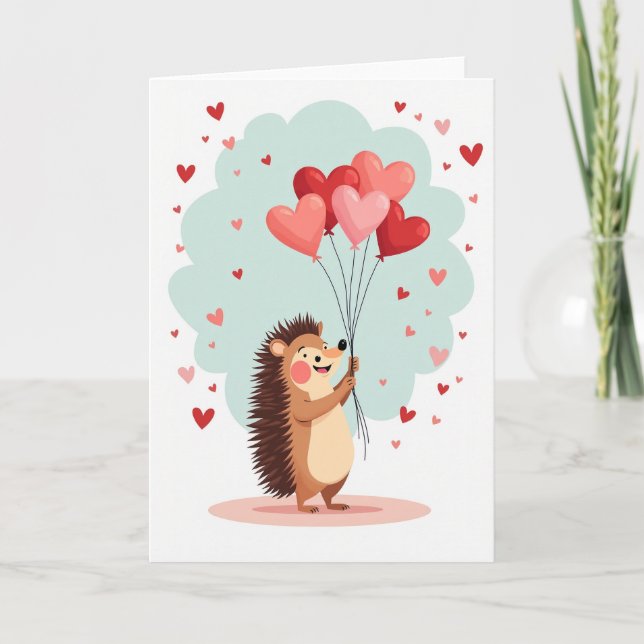 Valentine Hedgehog Heart Balloons Card (Front)