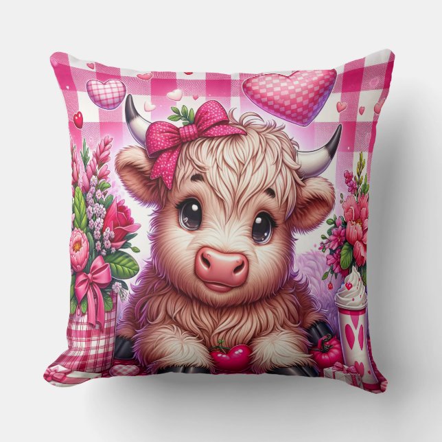 Valentine Highland Cow Throw Pillow (Front)