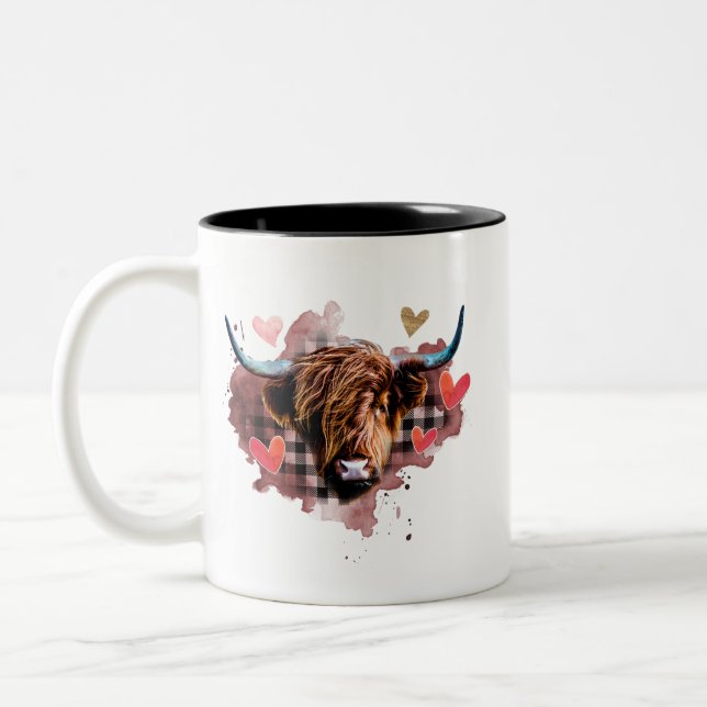 valentine highland cow Two-Tone coffee mug (Left)