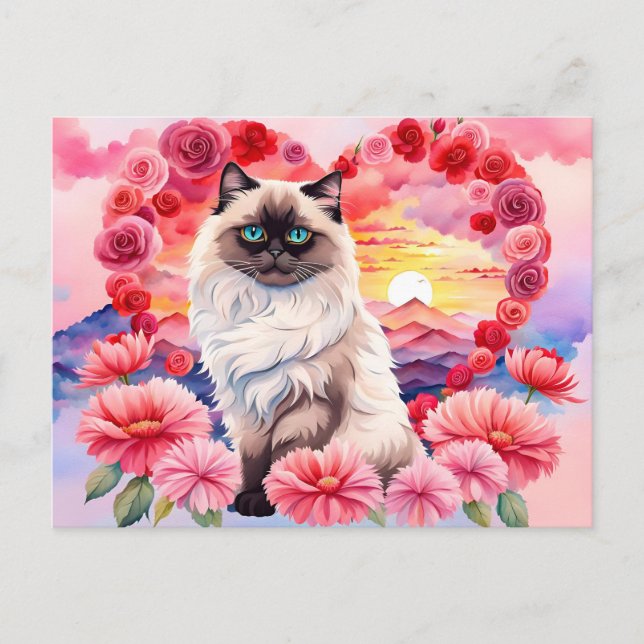Valentine Himalayan cat in Heart of Roses Sunset Postcard (Front)