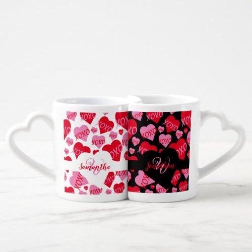 Valentine His and Hers Pink Red Heart XOXO Pattern Coffee Mug Set