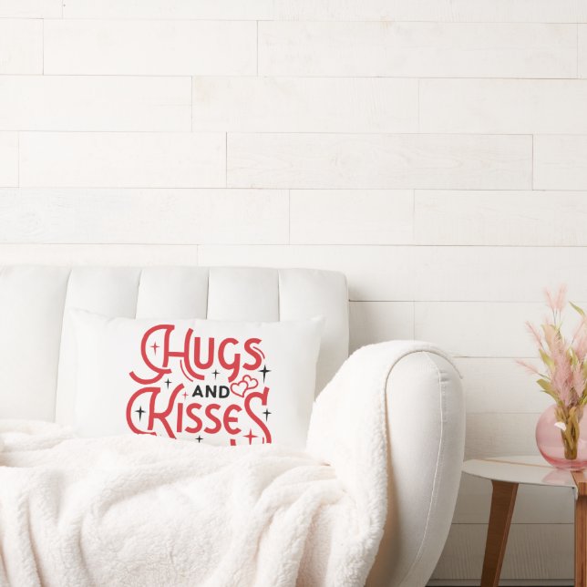 Valentine Hugs and Kisses Red on White Lumbar Pillow (Couch)