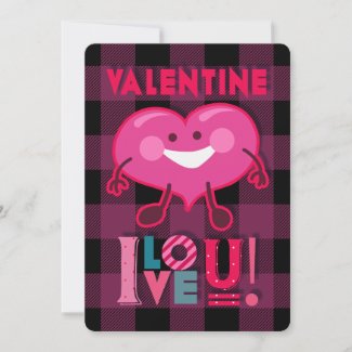 Valentine I Love You! Cute Heart Character, Plaid Holiday Card