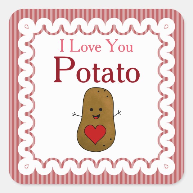 Valentine I Love You Potato, Pink Stripes Square Sticker (Front)