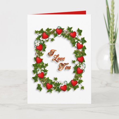 Valentine I love you red hearts and flowers wreath Holiday Card