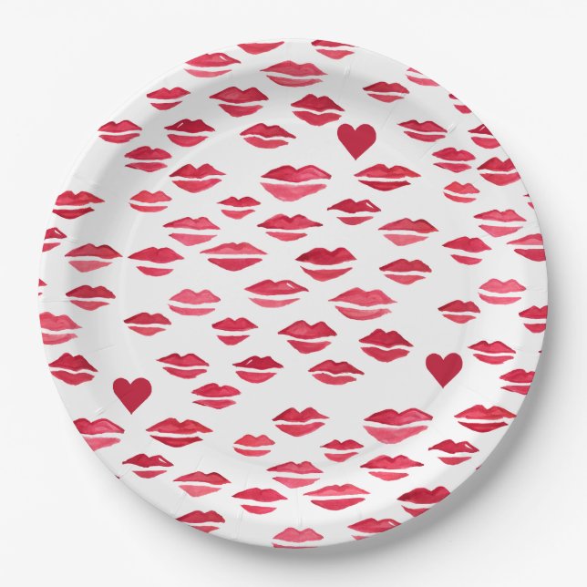 Valentine Kisses Lips Hearts Pattern Paper Plates (Front)