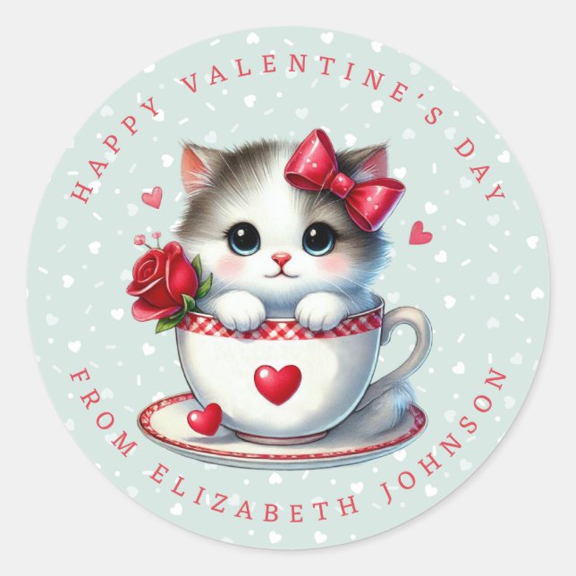 Valentine Kitten Personalized Name Round Sticker (Front)
