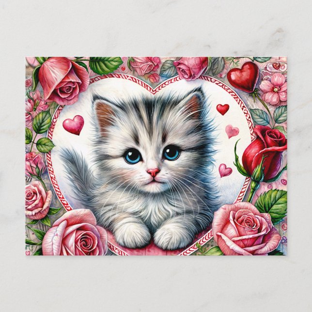 Valentine Kitten with Red Roses Postcard (Front)