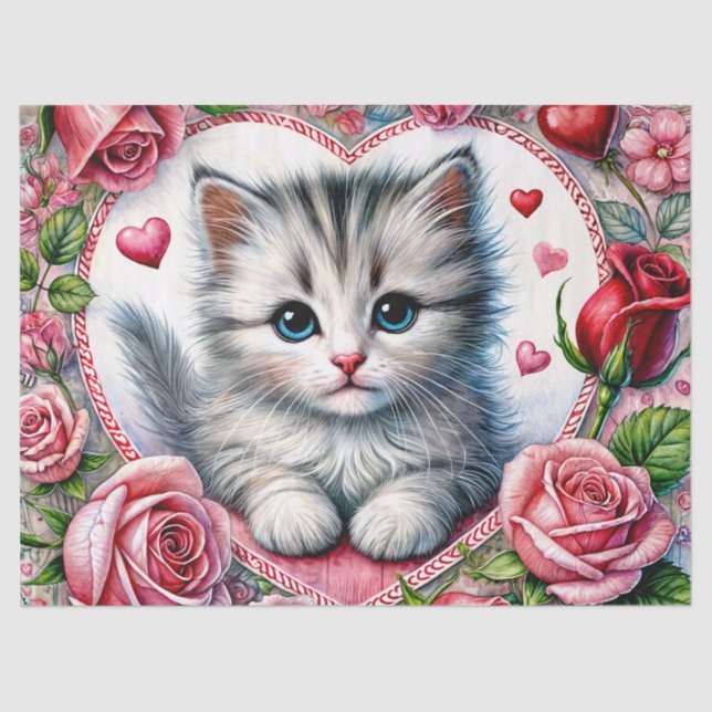 Valentine Kitten With Roses Tissue Paper (Front)