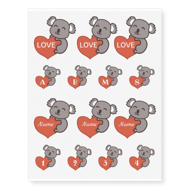 Valentine Koala love heart Temporary Tattoos (Front)