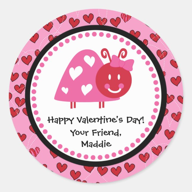 Valentine Ladybug Party Favor Classic Round Sticker (Front)