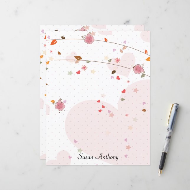 Valentine Leaves Hearts Flowers Stationary Paper (Front/Back In Situ)