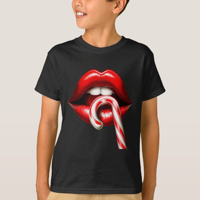Valentine Lips Kisses Valentines Funny Candy Cane  T-Shirt (Front)