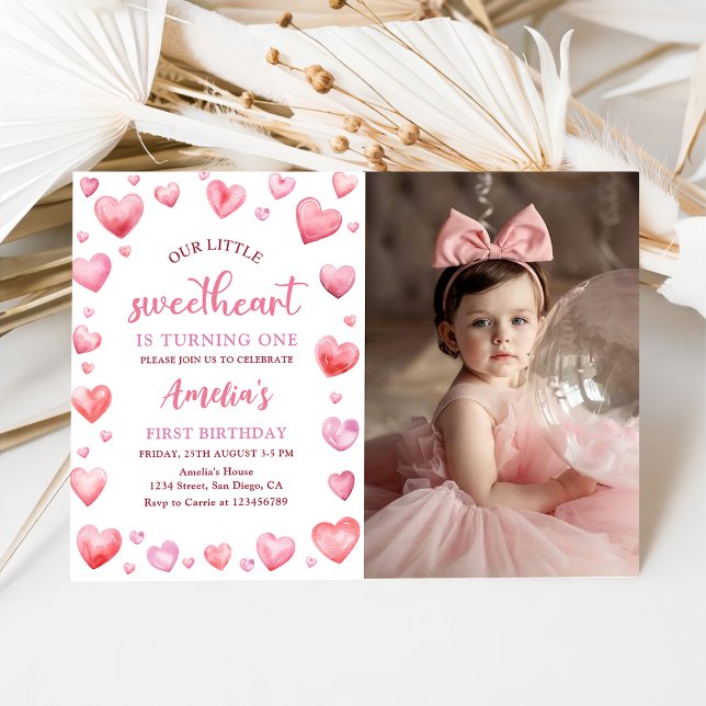 Valentine Little Sweetheart 1st Birthday Photo Invitation (Creator Uploaded)