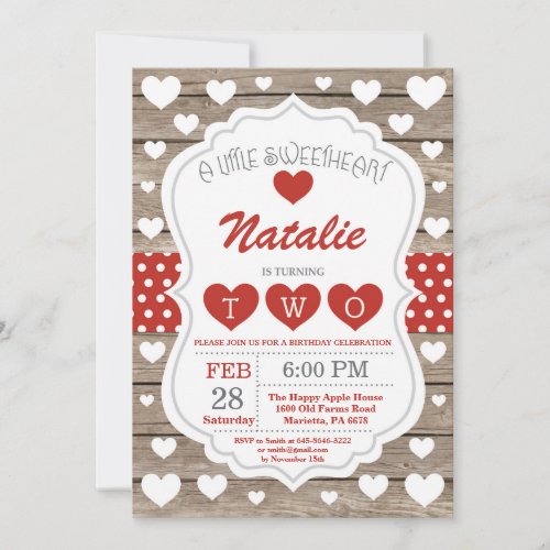 Valentine Little Sweetheart Second 2nd Birthday Invitation