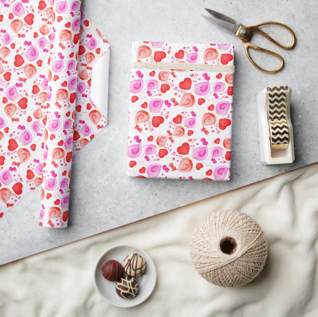 Valentine love birds and hearts pink red gift wrap (Crafts)