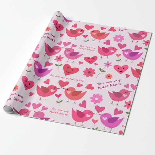 Valentine love birds pattern red and pink  wrapping paper